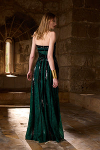 HerTrove-Strapless velvet gown with embroidered lace and sequin panels