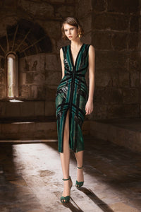 HerTrove-Fitted midi dress with deep V-neckline, sheer lace panels, velvet, angular pleats, and statement slit
