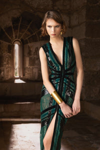 HerTrove-Fitted midi dress with deep V-neckline, sheer lace panels, velvet, angular pleats, and statement slit