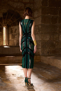 HerTrove-Fitted midi dress with deep V-neckline, sheer lace panels, velvet, angular pleats, and statement slit