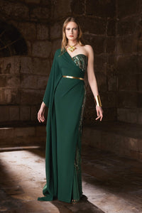 HerTrove-symmetrical embroidered gown with draped one-shoulder panel and soft waistline detailing