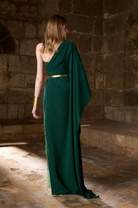 HerTrove-symmetrical embroidered gown with draped one-shoulder panel and soft waistline detailing