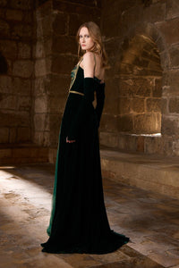 HerTrove-Embroidered tulle dress with gold chain accents and contrasting velvet back