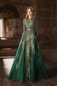 HerTrove-Silk charmeuse gown with asymmetrical neckline, draped cape, slit, and gold star embellishments