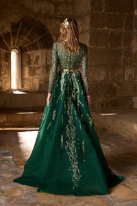 HerTrove-Silk charmeuse gown with asymmetrical neckline, draped cape, slit, and gold star embellishments