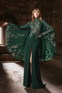 HerTrove-Fitted crepe gown with fluid slit skirt and floral gold embroidery