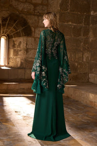 HerTrove-Fitted crepe gown with fluid slit skirt and floral gold embroidery