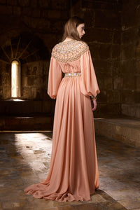 Georgette dress with pleated skirt and puffed sleeves (FR36