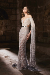 HerTrove-Embroidered mermaid gown with off-shoulder neckline and sheer ombré cape sleeves