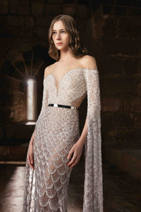 HerTrove-Embroidered mermaid gown with off-shoulder neckline and sheer ombré cape sleeves