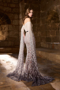 HerTrove-Embroidered mermaid gown with off-shoulder neckline and sheer ombré cape sleeves