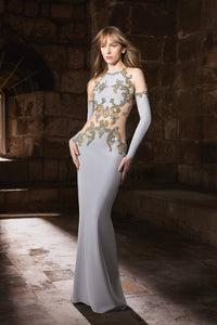 HerTrove-Fitted mermaid crepe gown with sculpted bodice, gold-blue embroidery, and high neckline