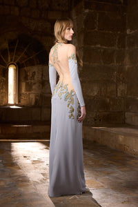 HerTrove-Fitted mermaid crepe gown with sculpted bodice, gold-blue embroidery, and high neckline