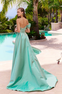 Hertrove-Draped satin duchesse gown with slit and embroidery