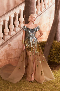 Hertrove-Beaded tulle gown with slit and overskirt