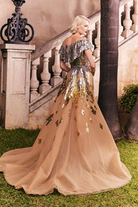 Hertrove-Beaded tulle gown with slit and overskirt