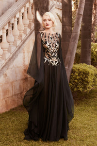 Hertrove-Mousseline gown with beaded bodice and cape sleeves