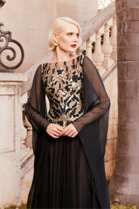 Hertrove-Mousseline gown with beaded bodice and cape sleeves