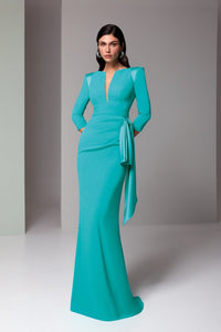 HerTrove-Long Sleeve Gown with Plunging Neckline & Side Draped Detail