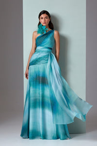 HerTrove-Flowing One-Shoulder Ombre Gown with Floral Accent