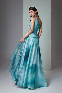 HerTrove-Flowing One-Shoulder Ombre Gown with Floral Accent