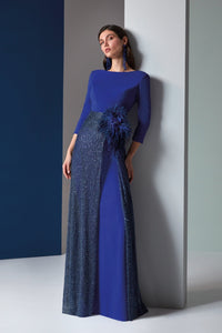 HerTrove-Satin Crepe Gown with Beaded Fantasy Mesh Overlay and Feather Detail