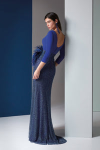 HerTrove-Satin Crepe Gown with Beaded Fantasy Mesh Overlay and Feather Detail