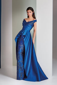 HerTrove-Off-Shoulder Gown with Draped Bodice and Embroidered Tulle Skirt"