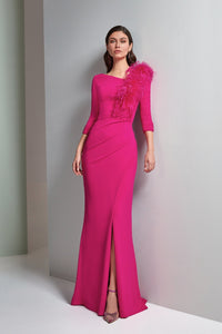 HerTrove-Crepe Gown with Feather Appliqué and Front Slit