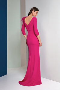 HerTrove-Crepe Gown with Feather Appliqué and Front Slit