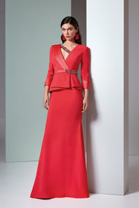 HerTrove-Crepe Dress with Rhinestone Trim and Peplum Detail