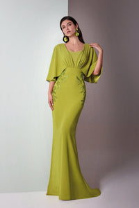 HerTrove-Crepe Gown with Draped Flutter Sleeves and Embroidered Detail