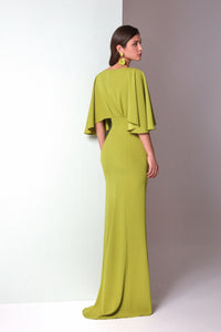 HerTrove-Crepe Gown with Draped Flutter Sleeves and Embroidered Detail