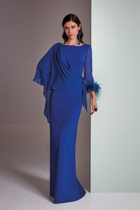 HerTrove-Crepe Gown with Draped Chiffon Overlay and Feather Cuff Detail