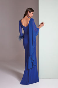 HerTrove-Crepe Gown with Draped Chiffon Overlay and Feather Cuff Detail