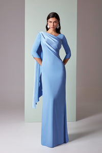 HerTrove-Sky Blue Crepe Gown with Draped Shoulder Detail and Cape Accent