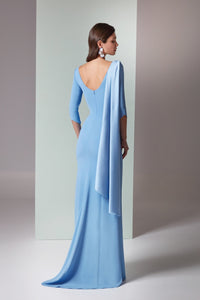 HerTrove-Sky Blue Crepe Gown with Draped Shoulder Detail and Cape Accent