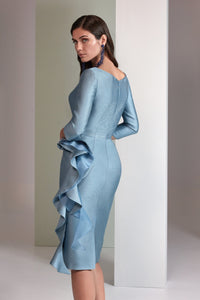 HerTrove-Dusty Blue Peplum Dress with Embellished Waist and Ruffle Detail