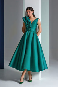 HerTrove-Midi Dress with Ruffled Shoulder and Belted Waist