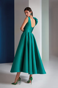 HerTrove-Midi Dress with Ruffled Shoulder and Belted Waist