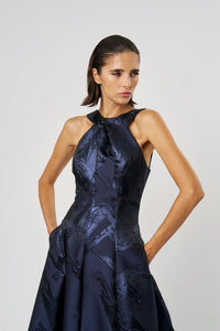 navy metallic jacquard dress Terani Couture 251E4276 Metallic Jacquard Trumpet Sleeveless Evening D B Chic Fashions