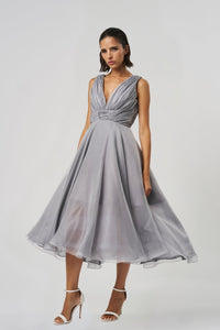 Silver Silk organza dress with intricate shirred work on the neckline and waist