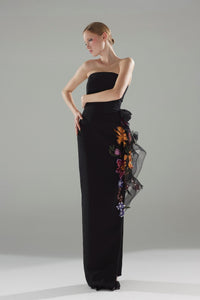embroidered column dress Black Strapless Floral Embroidered Column Dress