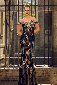 HerTrove-Off shoulder floral beaded mermaid dress