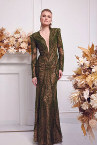 HerTrove-Deep V neckline fully beaded gown