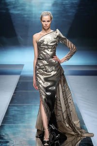 One-Shoulder Gown with High Slit, Flowing Train & Intricate Embellishments