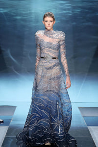 Embellished Long Gown with Sparkling Swirls, Belted Waist & High Neckline