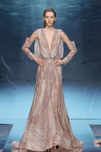 Crystal-embellished gown with deep V-neckline and detached sleeves