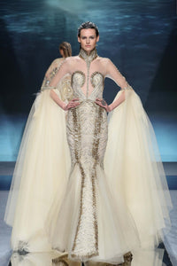 Gold-Silver Embellished Gown with High Neckline, Sheer Sleeves & Dramatic Tulle Train