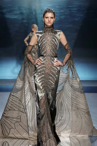 Embroidered column gown with high neck and detached sleeves